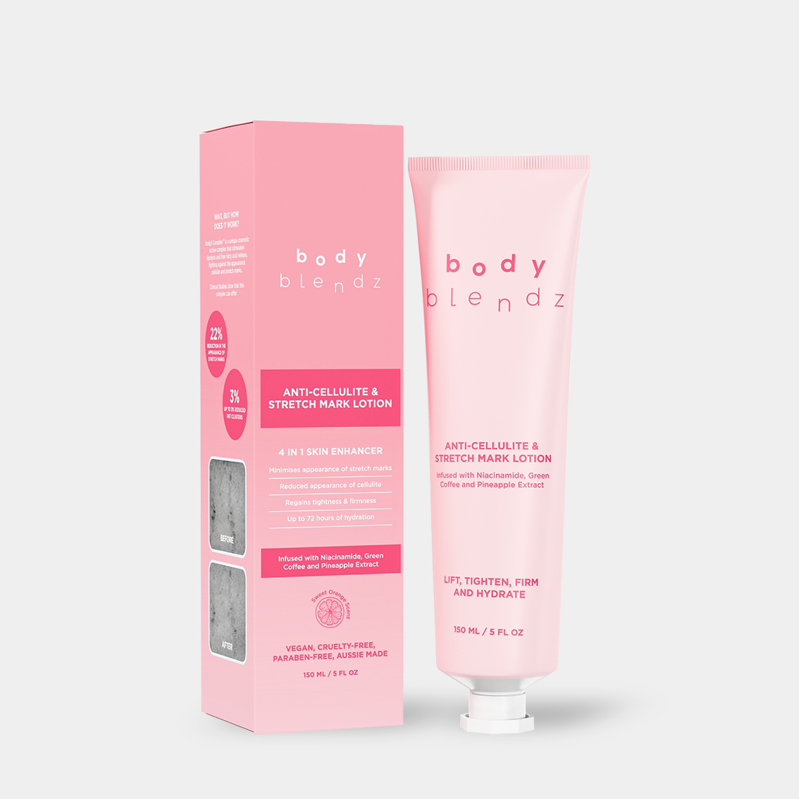 Looking for a daily "tone-up" treatment that slims, lifts, and hydrates in one squeeze? Our Anti-Cellulite & Stretch Mark Lotion is the bathroom essential for you. It's made with a powerhouse blend of Shea Butter and Sweet Almond Oil (plus our proprietary BodyBlendz complex) that tones, lifts, and hydrates for 72 hours. This must-try lotion is gentle enough for the face and neck yet effective on stubborn areas like the legs, butt and arms.