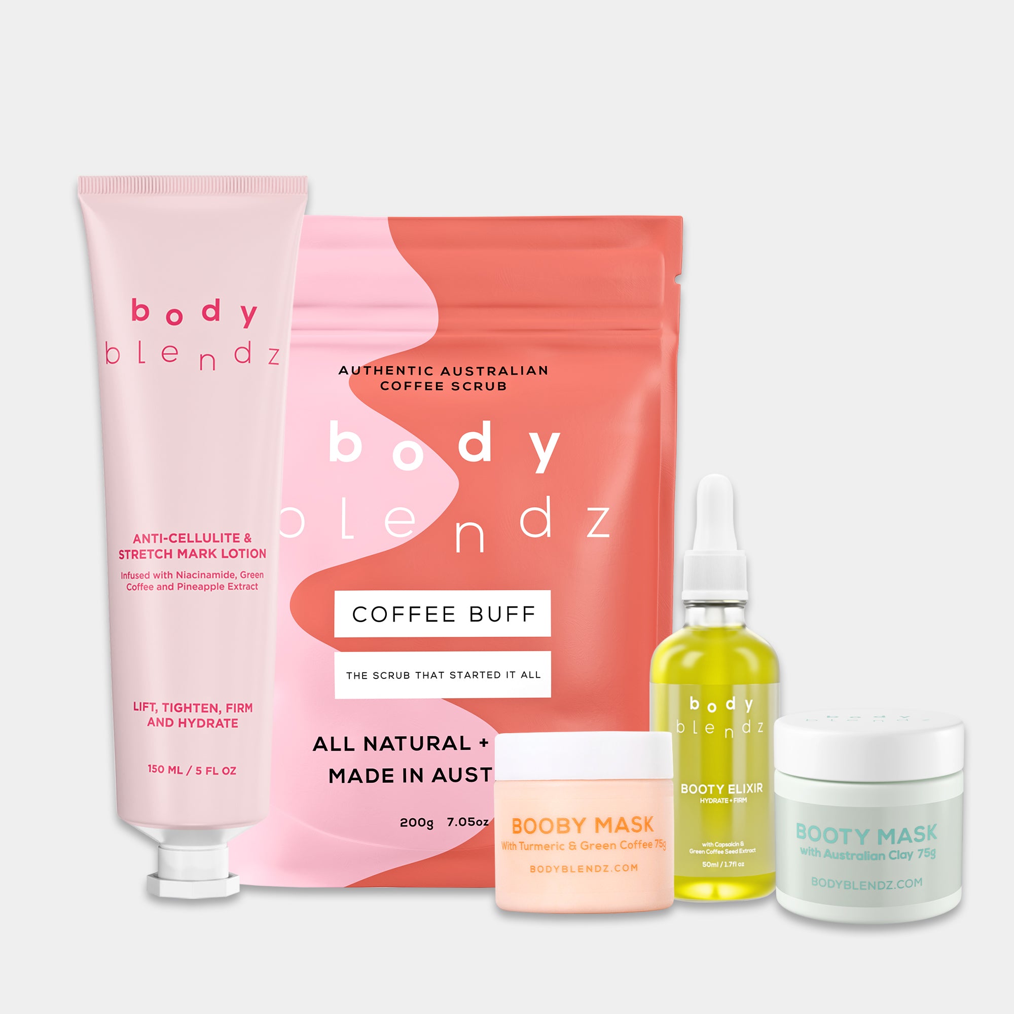 BodyBlendz anti cellulite and stretch mark lotion set with coffee scrub, booty elixir, booby mask and booty clay mask for smooth firm skin