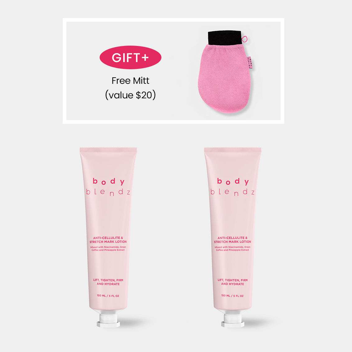 BodyBlendz Anti-Cellulite and Stretch Mark Lotion duo with free exfoliating mitt gift set for firming smoothing and hydrating skin