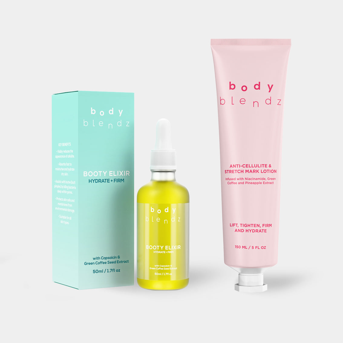 BodyBlendz booty elixir oil and anti cellulite stretch mark lotion set for firming, hydrating and smoothing skin appearance