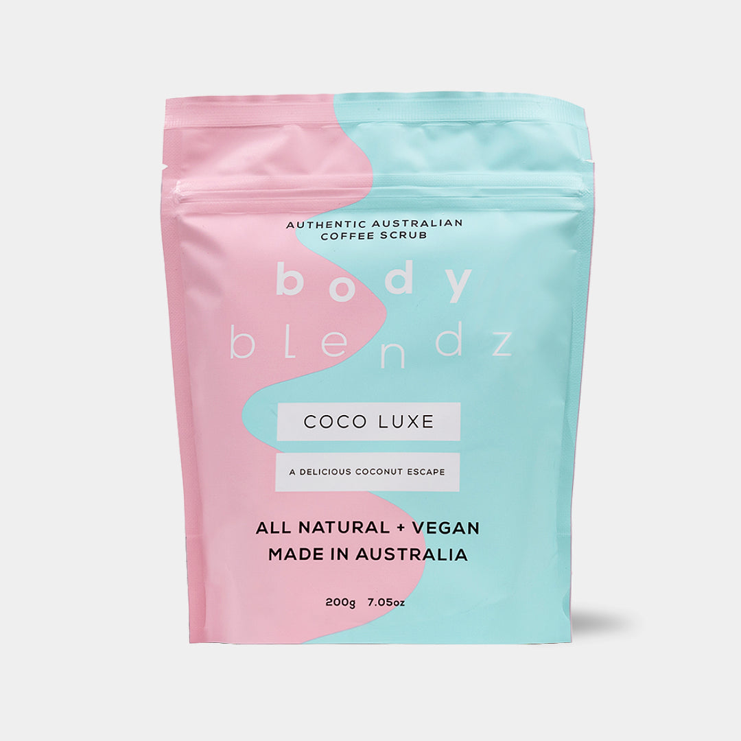 BodyBlendz coco luxe coffee scrub, natural vegan exfoliating body scrub for smoother softer glowing skin with coconut scent