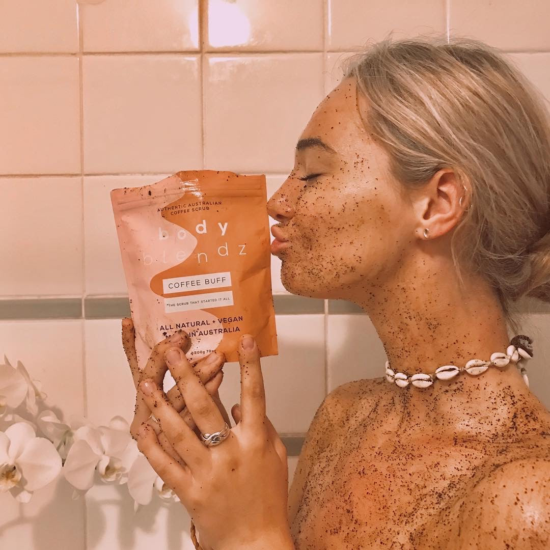 BodyBlendz coffee buff coffee scrub applied on skin by model, natural exfoliating body scrub for smoother softer glowing skin