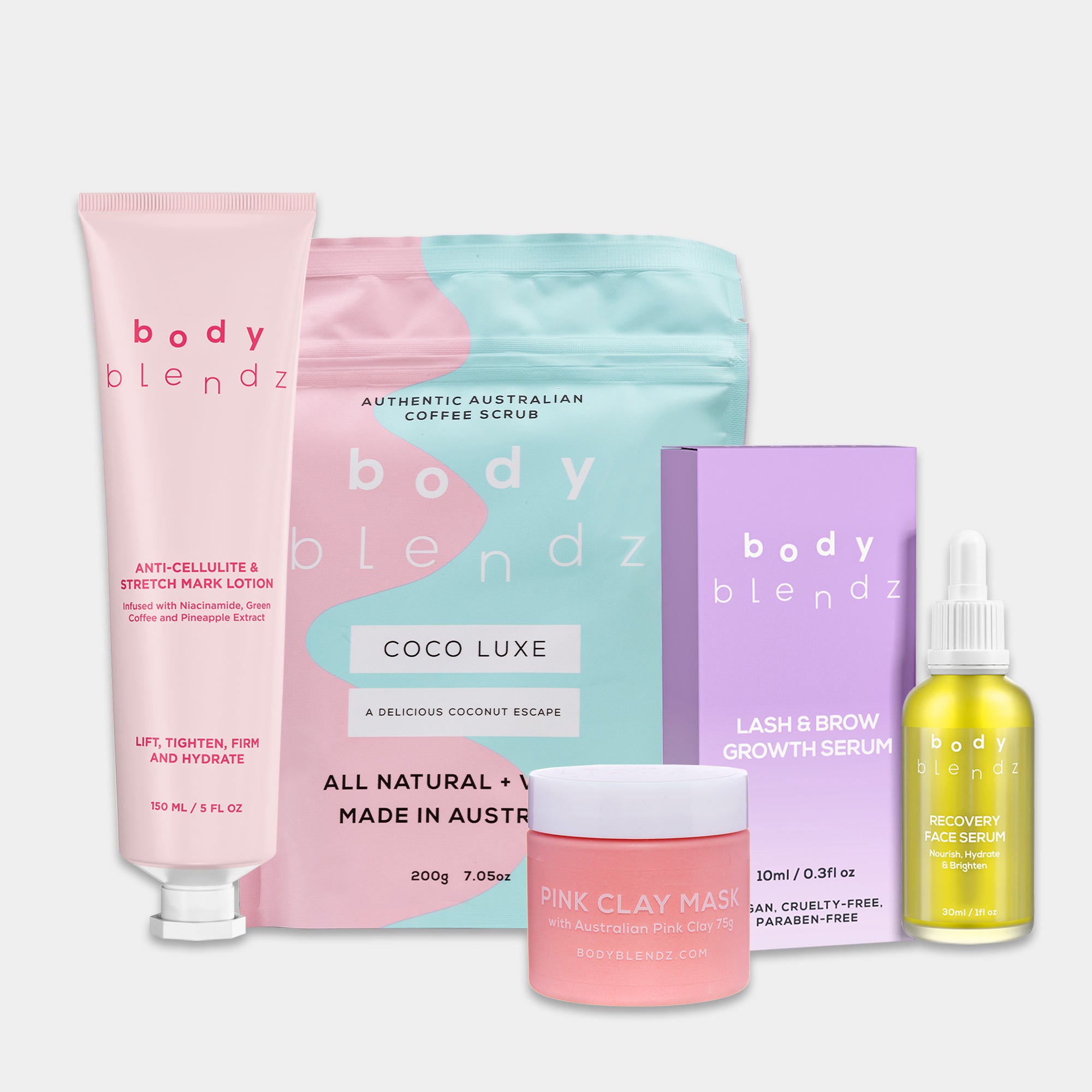 BodyBlendz Complete Indulgence Gift Set including anti cellulite lotion coffee scrub lash and brow serum pink clay mask and recovery face serum