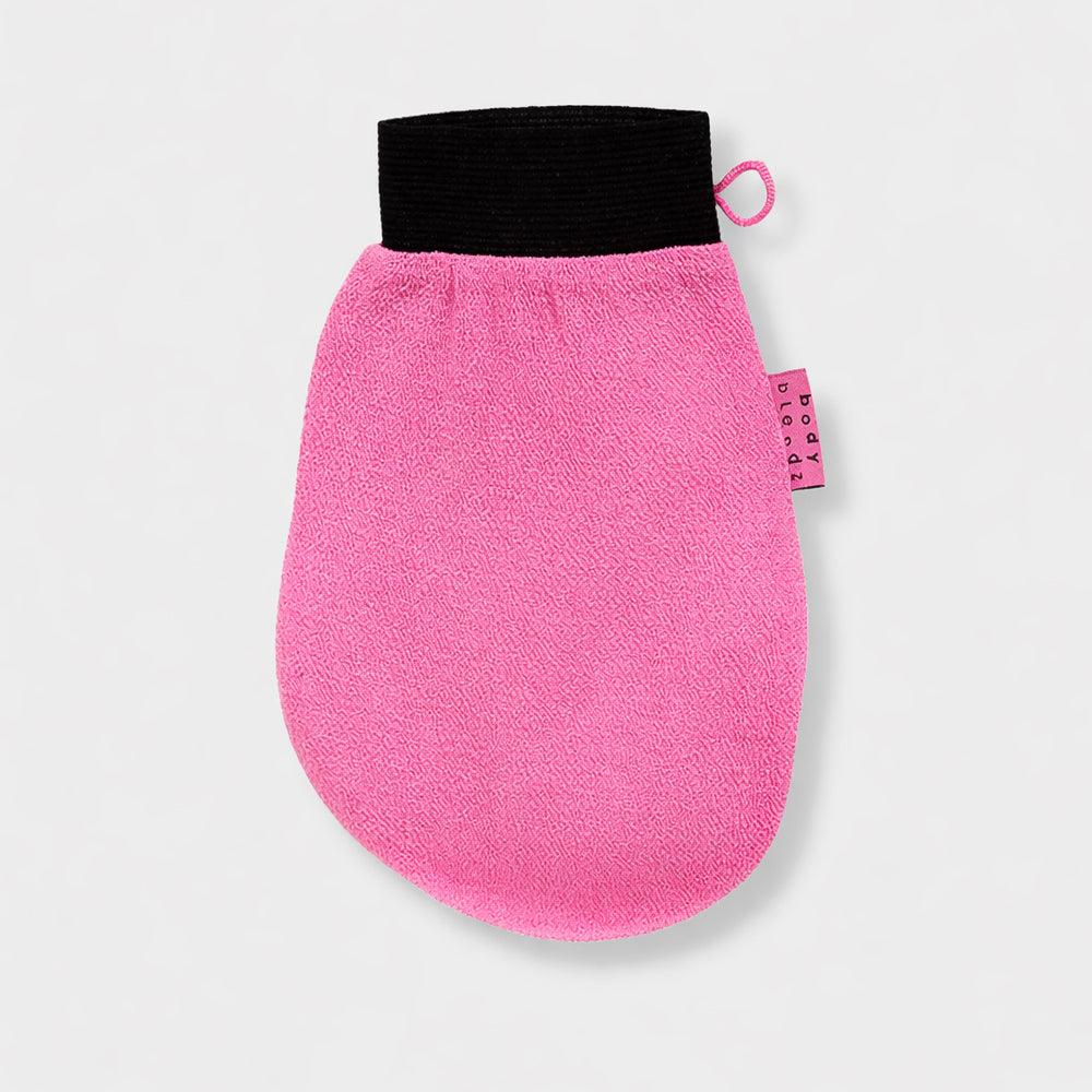BodyBlendz pink exfoliating mitt with textured fabric for effective body exfoliation, removing dead skin and promoting smooth, glowing skin