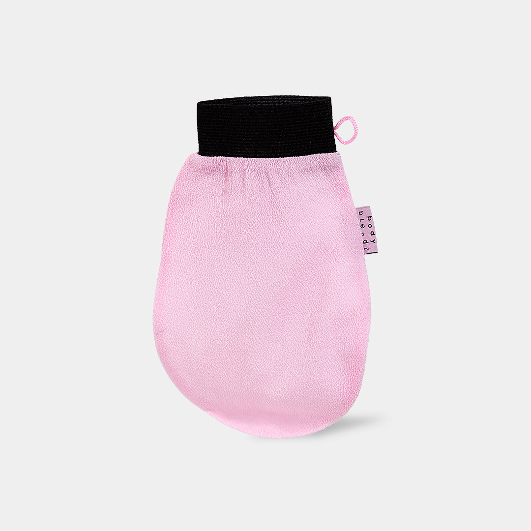 BodyBlendz pink exfoliating mitt body scrub glove for removing dead skin, smoothing texture, and enhancing self-tan and skincare routine