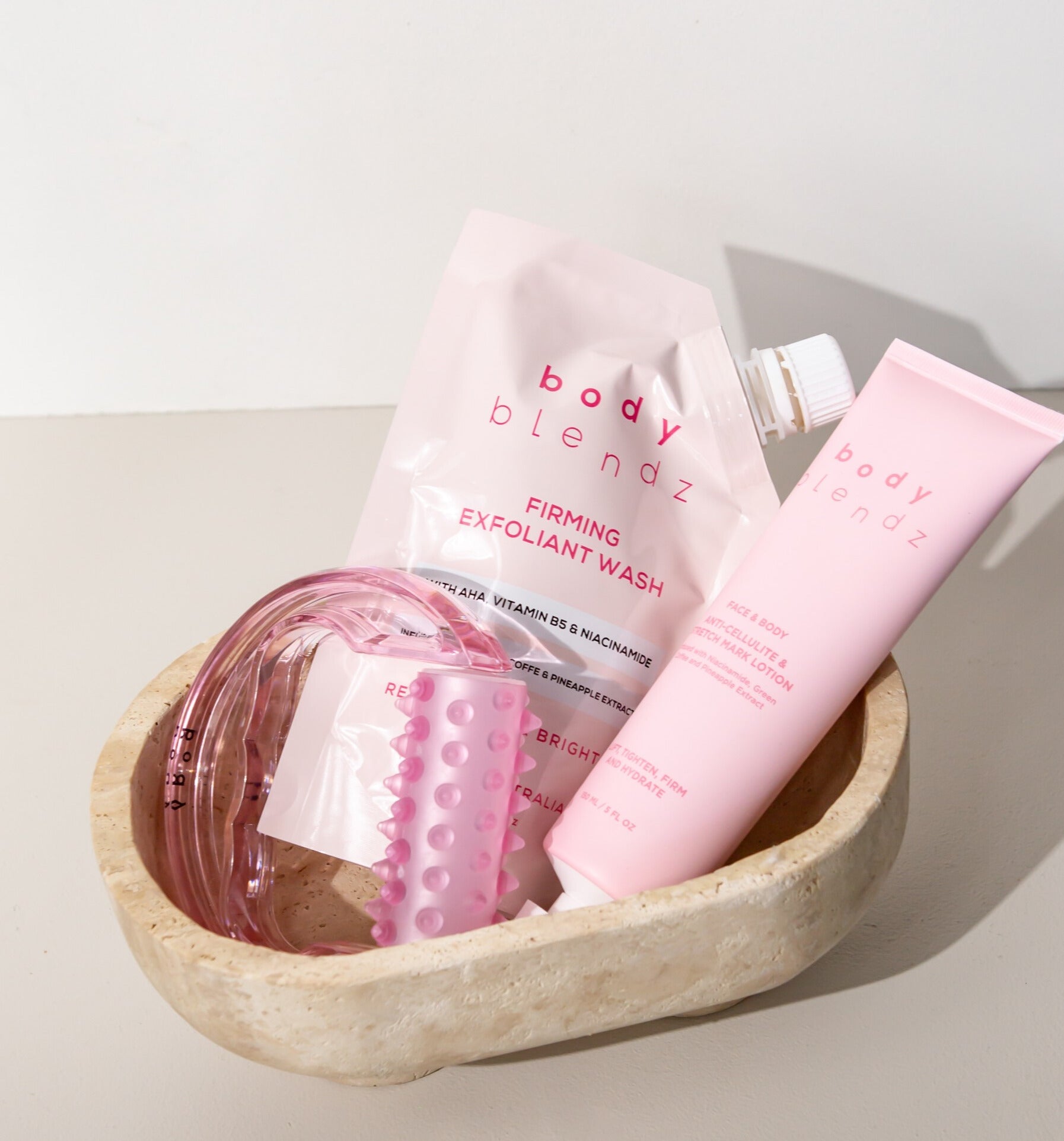 BodyBlendz firming exfoliant wash and anti-cellulite lotion bundle with massage roller, body care set for smoother, firmer and brighter skin