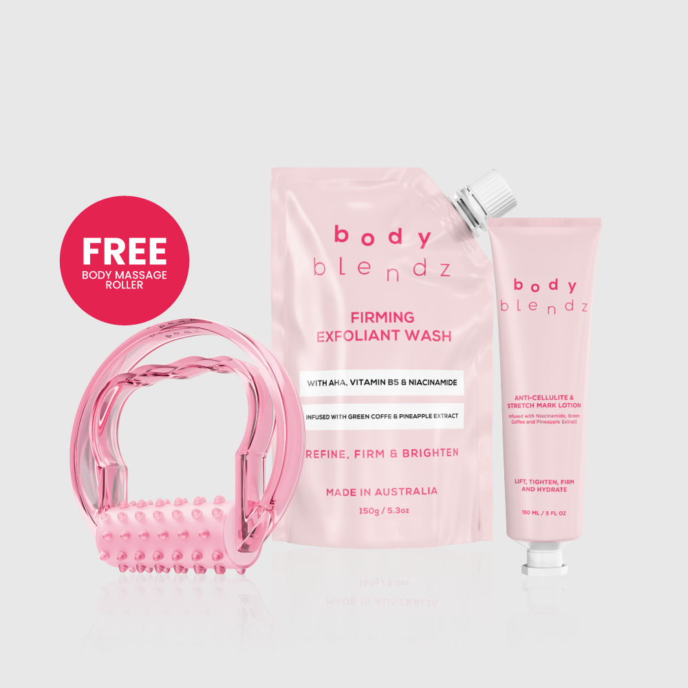 BodyBlendz Firming Exfoliant Wash and Anti-Cellulite & Stretch Mark Lotion bundle with free pink body massage roller.