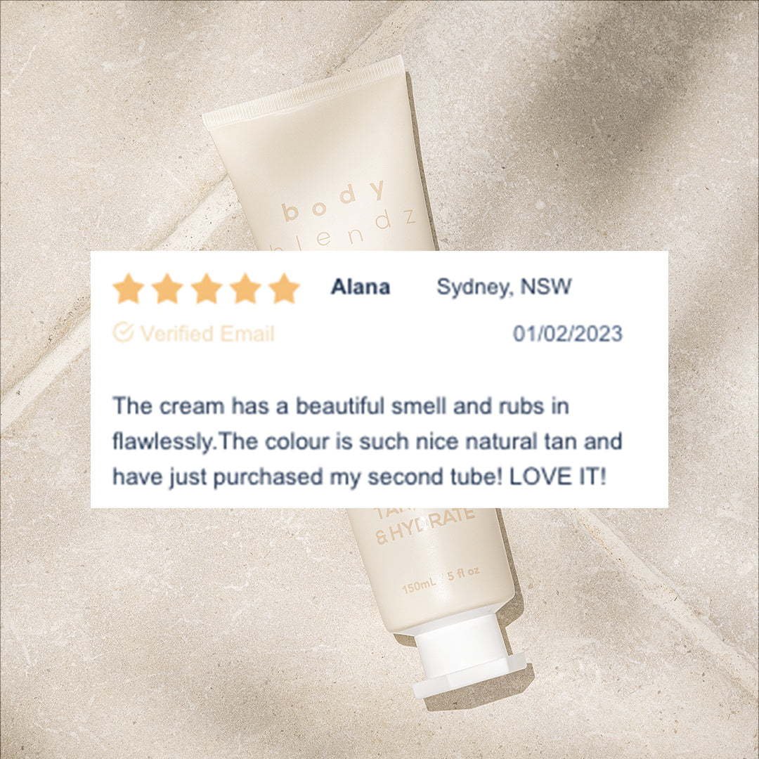 BodyBlendz gradual tanning anti-cellulite lotion customer review highlighting natural tan, smooth application and hydrating formula