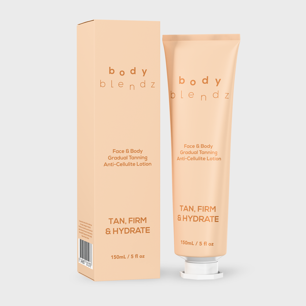 BodyBlendz gradual tanning anti-cellulite lotion with box packaging, face and body self tan for natural glow, firming and hydration