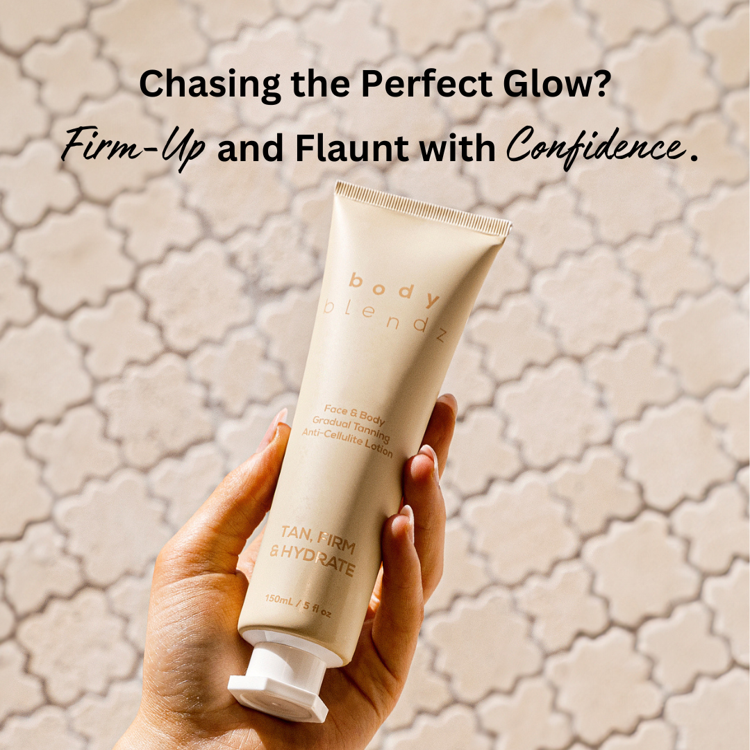 BodyBlendz gradual tanning anti-cellulite lotion held in hand, hydrating self tan for firm glowing skin and natural bronze