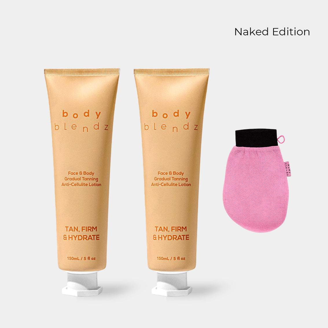 BodyBlendz gradual tanning anti-cellulite lotion double pack with exfoliating mitt Naked Edition for building a natural tan while firming and hydrating skin