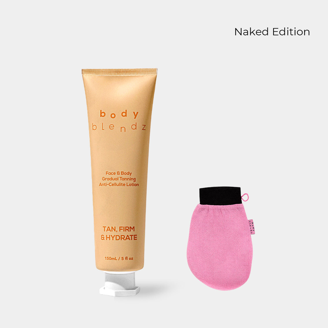 BodyBlendz gradual tanning anti-cellulite lotion with exfoliating mitt Naked Edition bundle for smooth, even tan, firming and hydrating skin