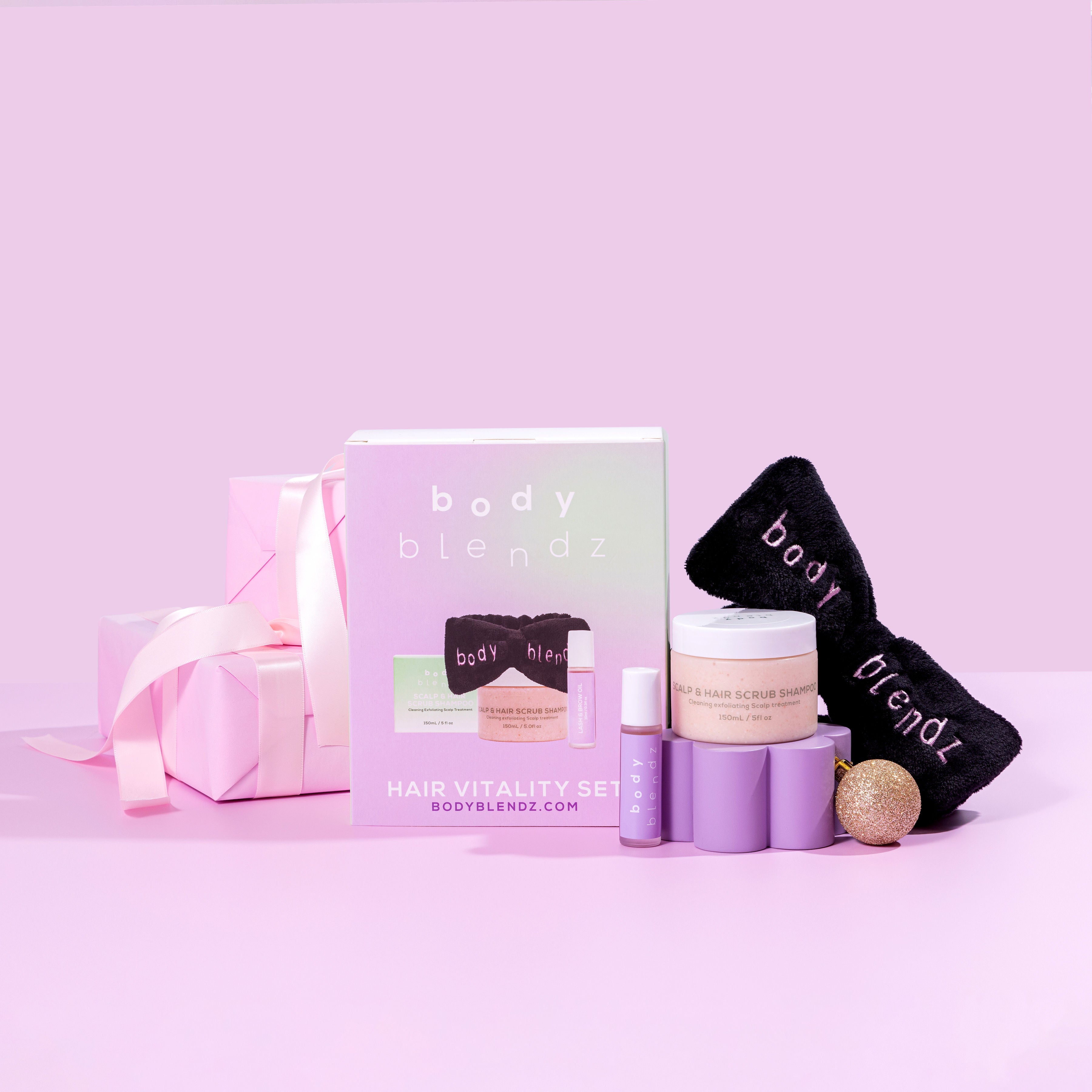 BodyBlendz Hair Vitality Set gift box with scalp and hair scrub shampoo, lash and brow growth serum and headband for healthy hair care routine