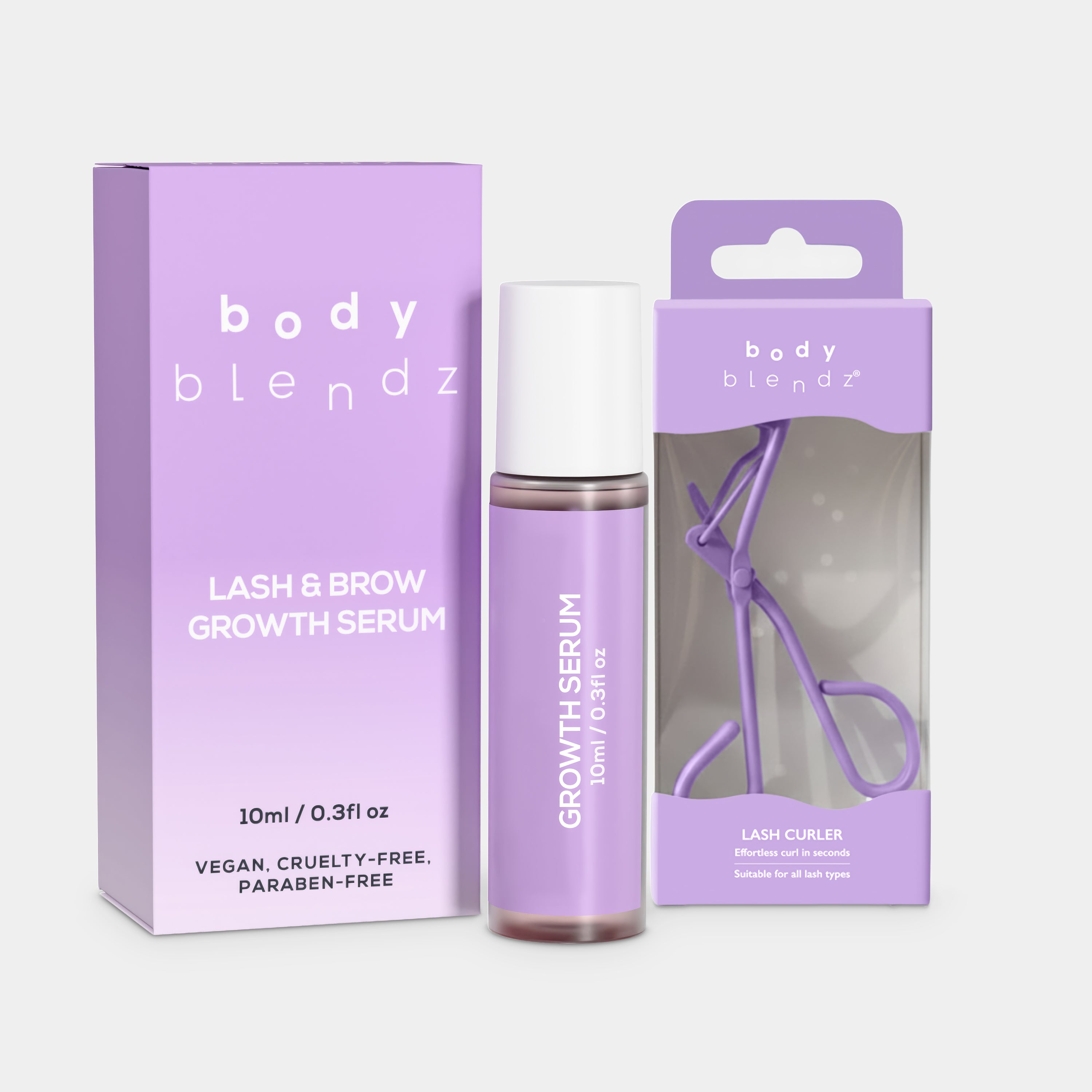 BodyBlendz Lash and Brow Growth Serum 10ml with eyelash curler set for enhancing lash and brow growth in purple packaging