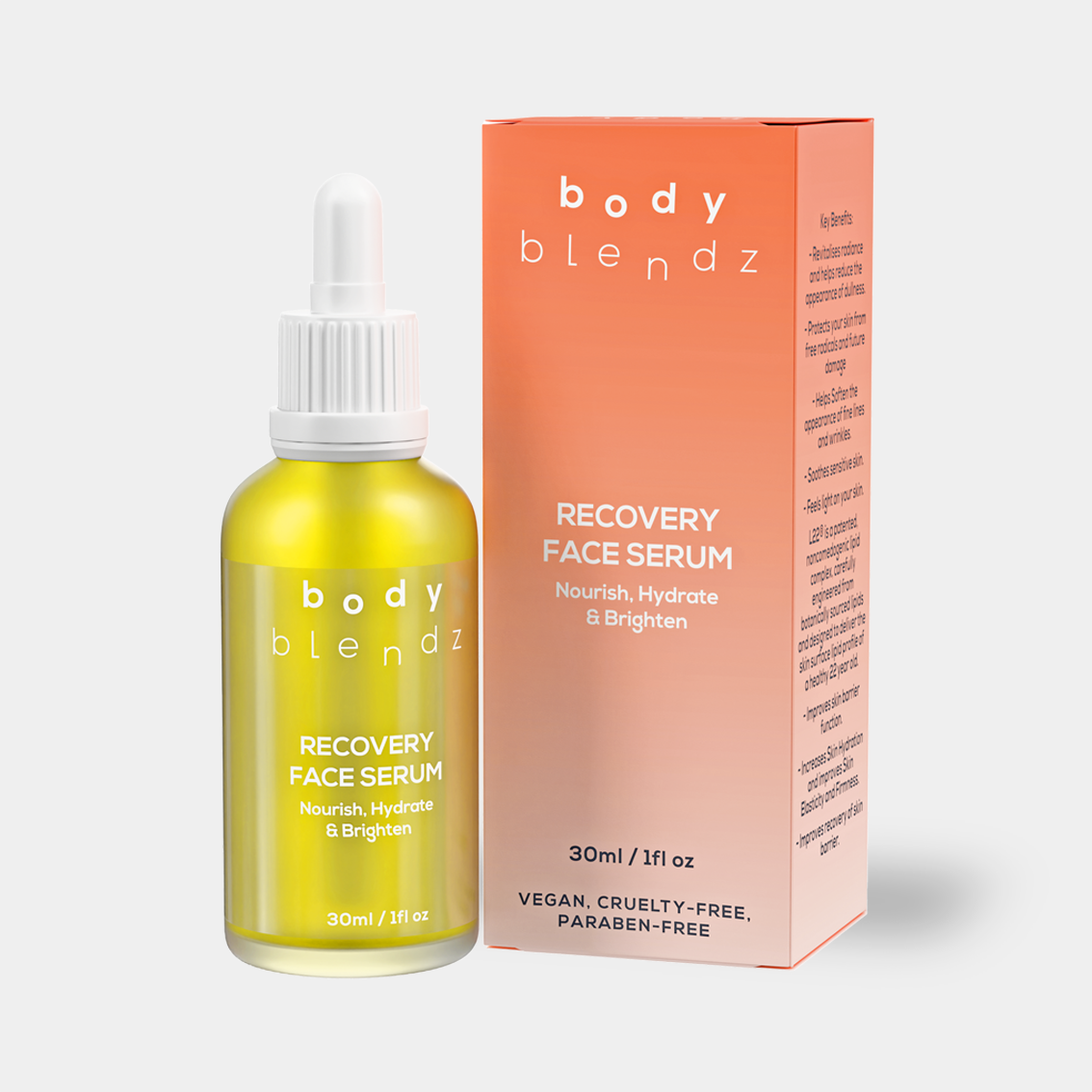 BodyBlendz recovery face serum bottle and box, nourishing hydrating and brightening skincare for radiant healthy skin