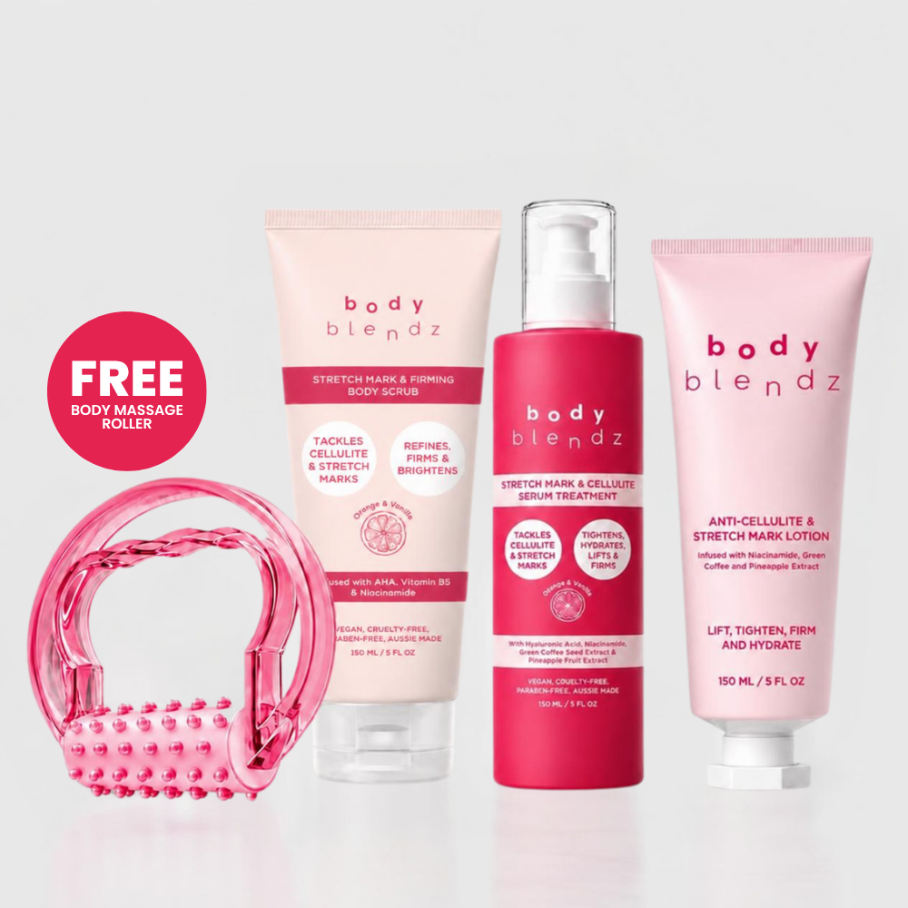 BodyBlendz Stretch Mark and Cellulite Set with Firming Body Scrub, Serum Treatment, Anti-Cellulite Lotion and Body Massage Roller.