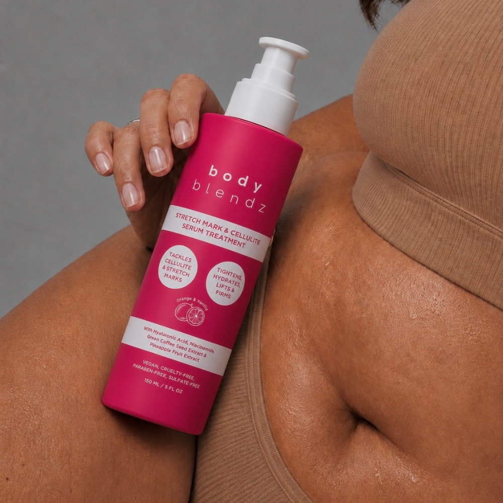 BodyBlendz Stretch Mark & Cellulite Serum Treatment applied to skin, hydrating body serum with Hyaluronic Acid and Niacinamide to visibly reduce the appearance of cellulite and stretch marks while helping firm and smooth skin.