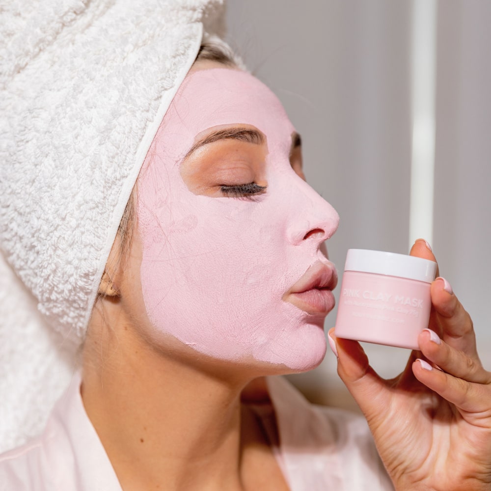BodyBlendz Pink Clay Mask applied on face showing detoxifying skincare treatment for clearer smoother and glowing skin