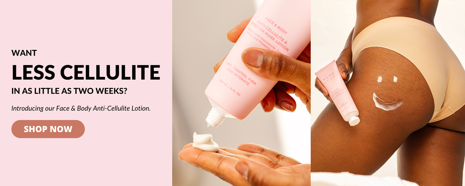 Advertisement for a face and body anti-cellulite lotion with a pink tube and lotion being applied.