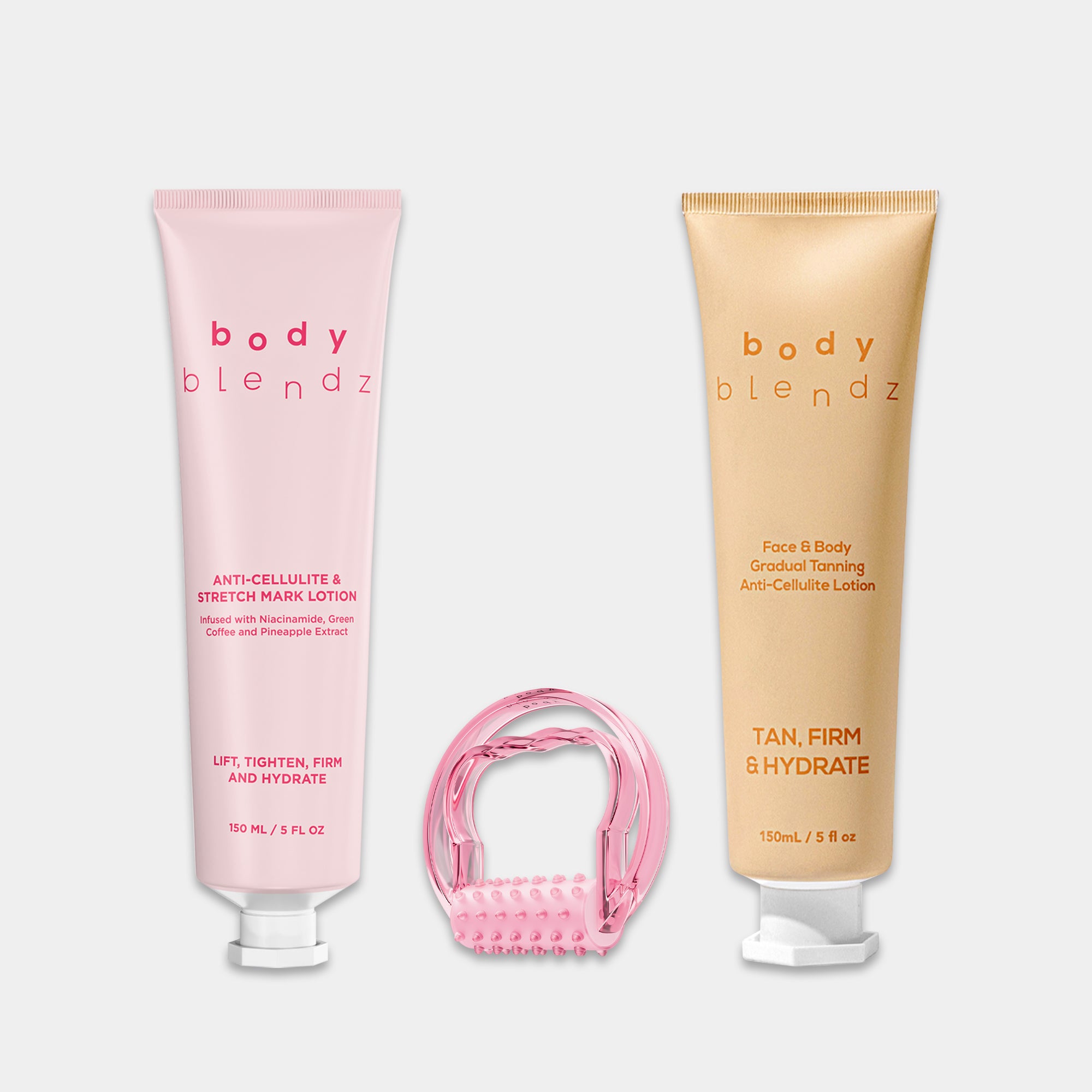 BodyBlendz anti-cellulite lotion and gradual tanning lotion duo with massage roller, body care set for firmer smoother and glowing skin