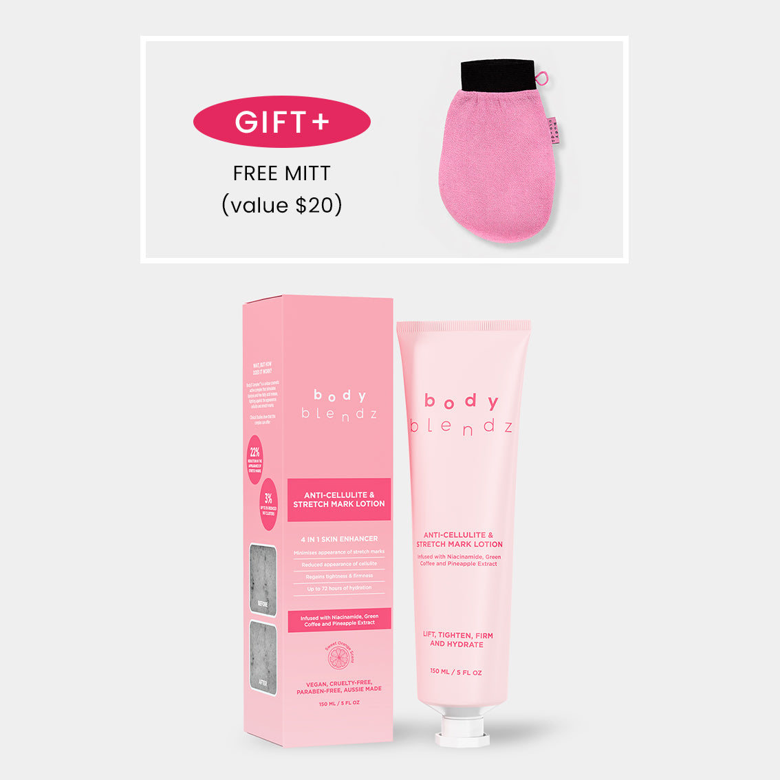 BodyBlendz Anti-Cellulite & Stretch Mark Lotion with free exfoliating mitt gift, firming body lotion for smoother, hydrated skin