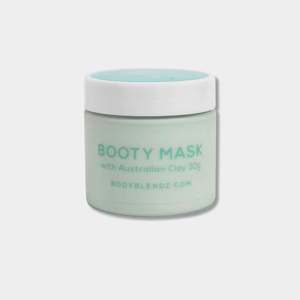 BodyBlendz Booty Mask with Australian clay 30g jar, detoxifying and firming butt mask for smoother, clearer skin on grey background