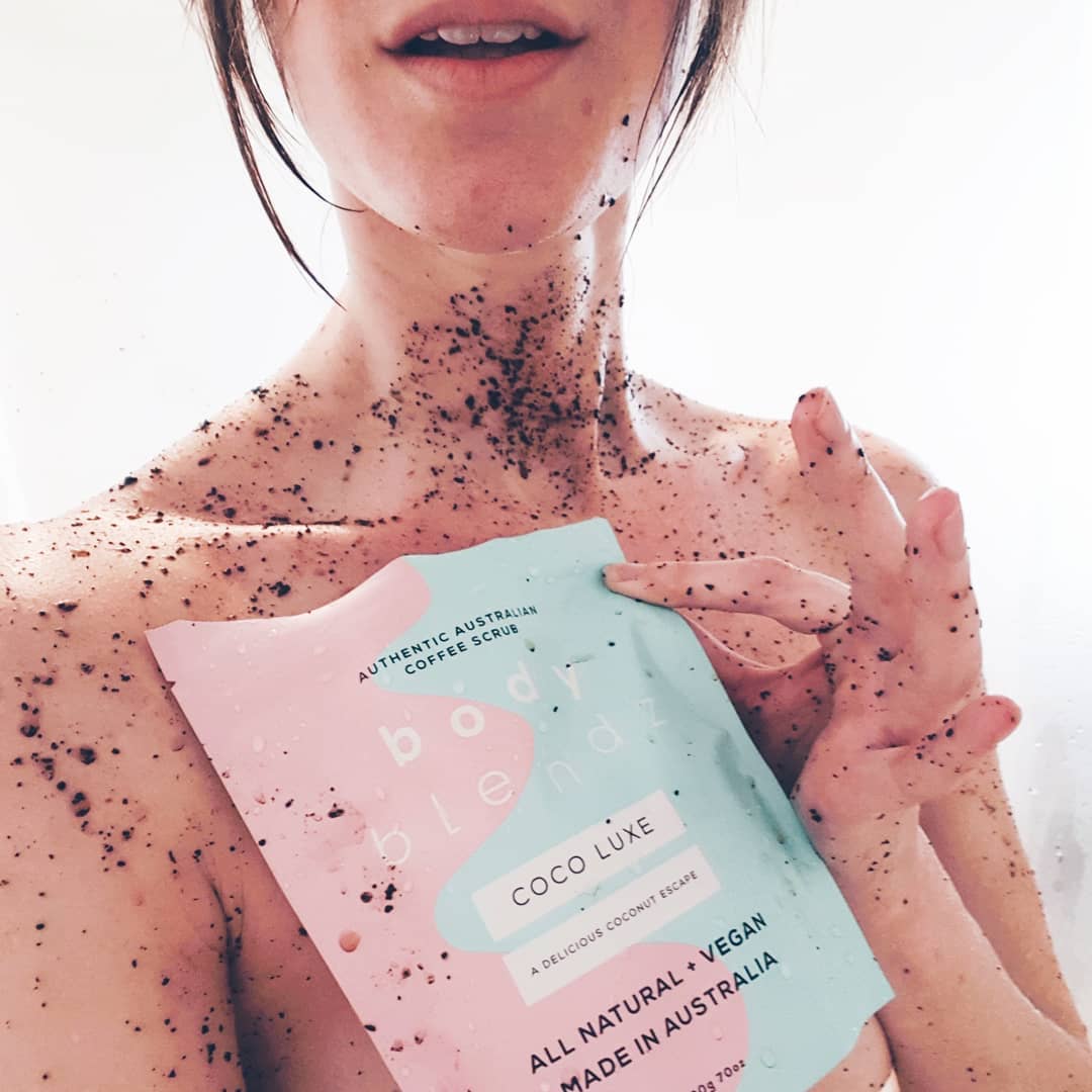 BodyBlendz coco luxe coffee scrub applied on skin, natural exfoliating body scrub for smoother softer glowing skin with coconut scent