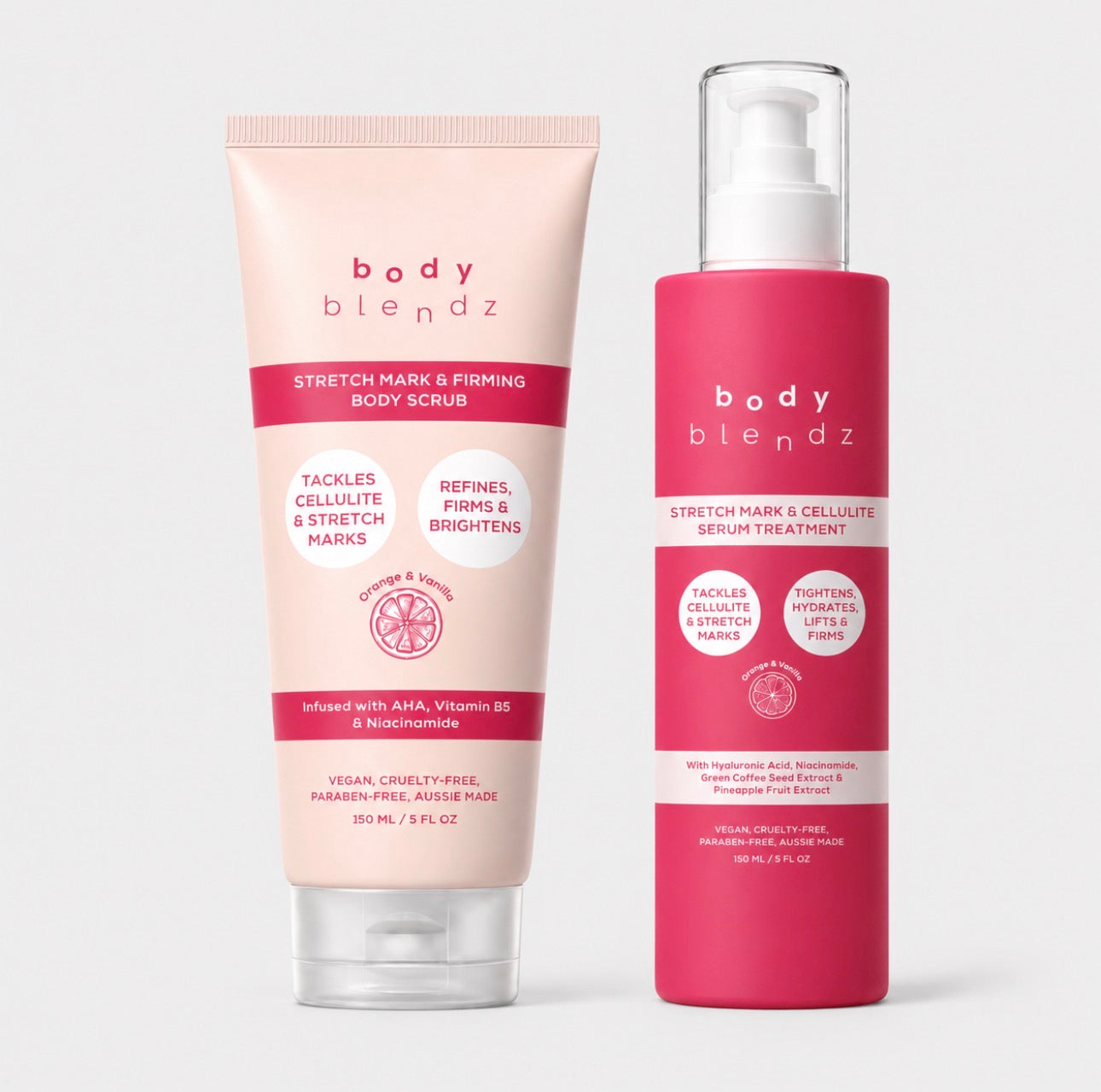BodyBlendz The Confidence Duo featuring the Stretch Mark & Firming Body Scrub 150g and Stretch Mark & Cellulite Serum Treatment 150ml to help visibly reduce the appearance of stretch marks and cellulite while smoothing and firming skin.