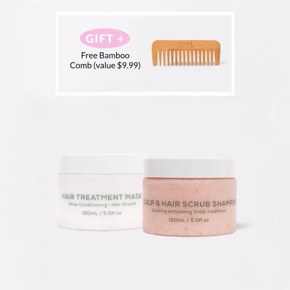 BodyBlendz hair care duo set with scalp and hair scrub shampoo and deep conditioning hair treatment mask plus free bamboo comb gift