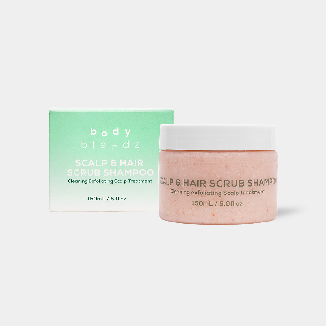 BodyBlendz Scalp and Hair Scrub Shampoo 150ml exfoliating scalp treatment with cleansing formula in peach jar with box packaging