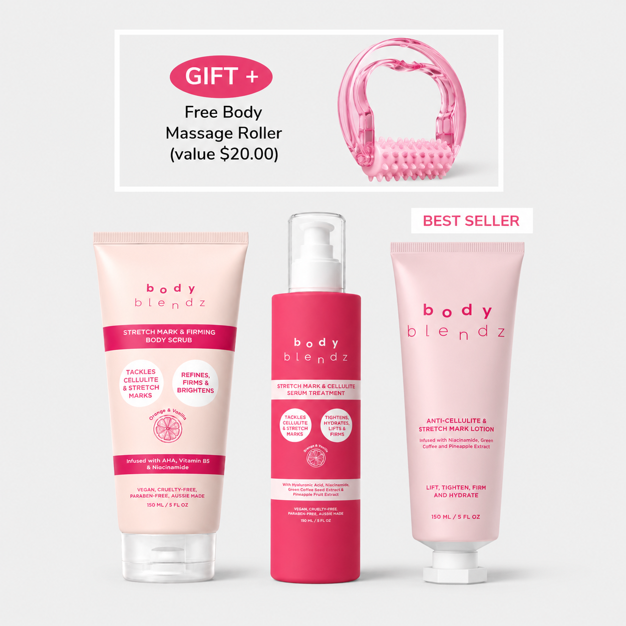 BodyBlendz Smooth & Firm Body Care Bundle featuring the Stretch Mark & Firming Body Scrub, Stretch Mark & Cellulite Serum Treatment and Anti-Cellulite & Stretch Mark Lotion to exfoliate, visibly reduce the appearance of cellulite and stretch marks, hydrate and firm skin.