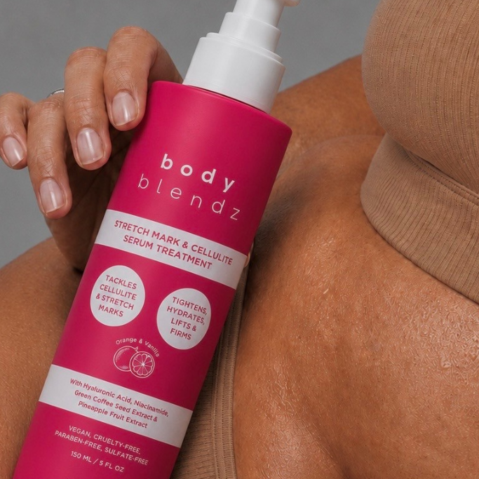BodyBlendz Stretch Mark & Cellulite Serum Treatment applied to skin, hydrating body serum with Hyaluronic Acid and Niacinamide to visibly reduce the appearance of cellulite and stretch marks while helping firm and smooth skin.
