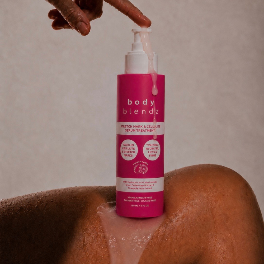 BodyBlendz Stretch Mark & Cellulite Serum Treatment with lightweight gel serum texture, formulated with Hyaluronic Acid and Niacinamide to hydrate skin while visibly reducing the appearance of stretch marks and cellulite and improving skin firmness.