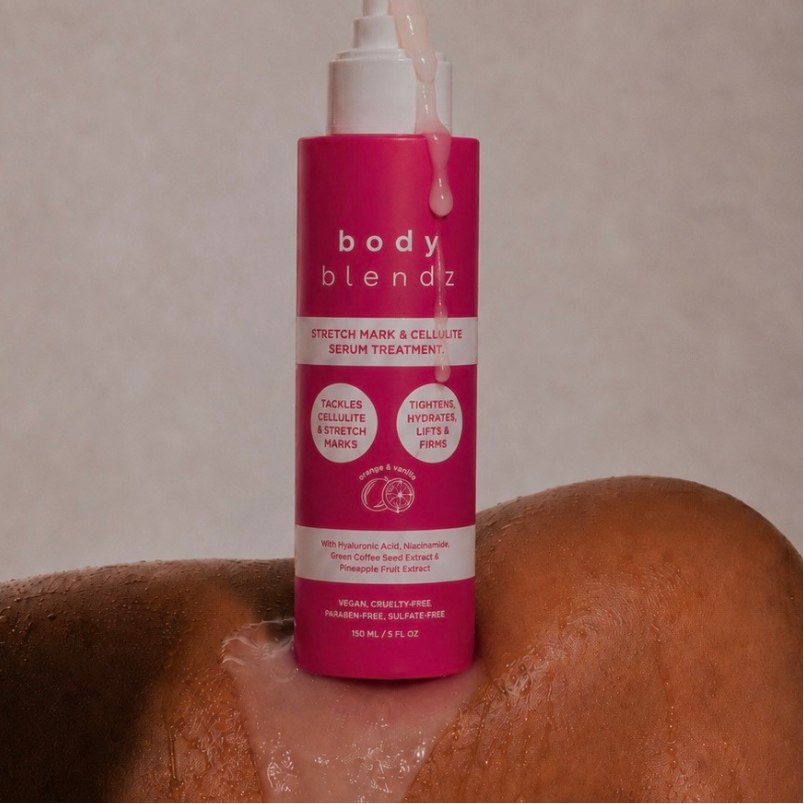 BodyBlendz Stretch Mark & Cellulite Serum Treatment with lightweight gel serum texture, formulated with Hyaluronic Acid and Niacinamide to hydrate skin while visibly reducing the appearance of stretch marks and cellulite and improving skin firmness.