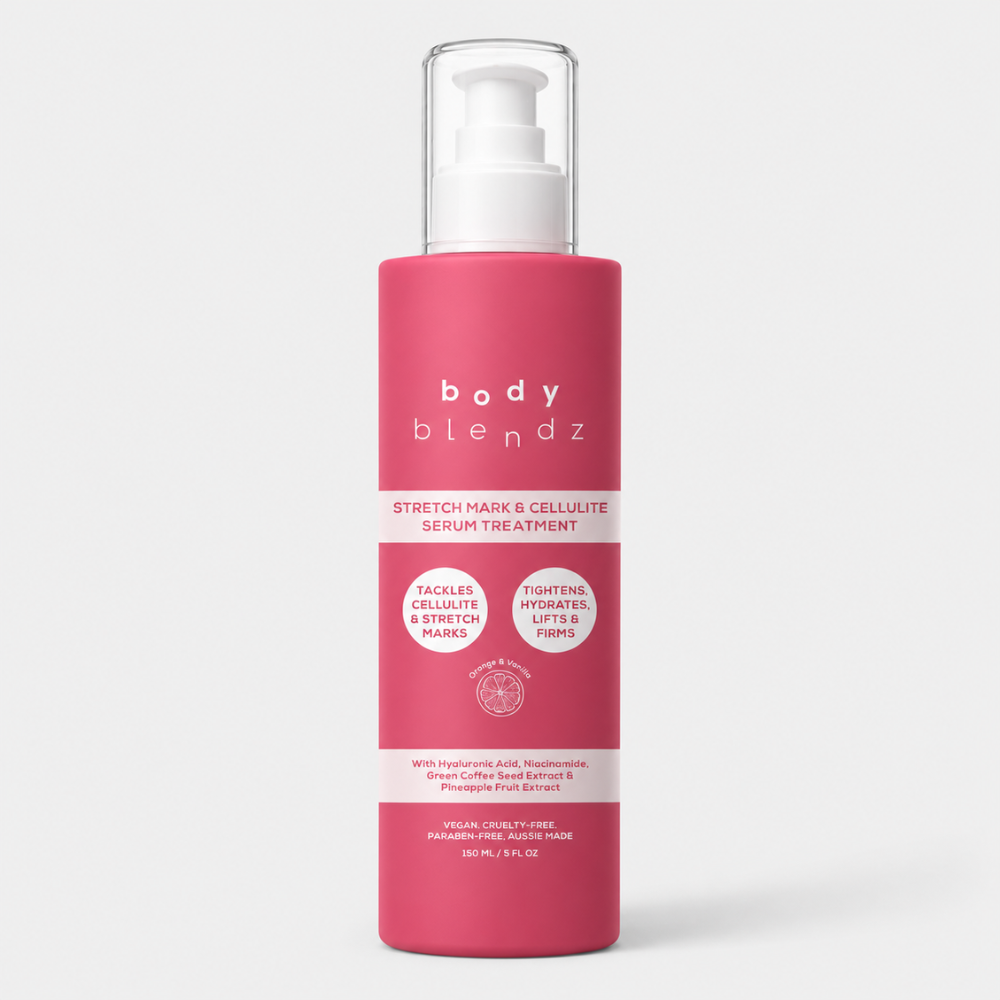 BodyBlendz Stretch Mark & Cellulite Serum Treatment 150ml in Orange & Vanilla, formulated with Hyaluronic Acid, Niacinamide, Green Coffee Seed Extract and Pineapple Extract to visibly reduce the appearance of stretch marks and cellulite while hydrating, firming and smoothing skin.