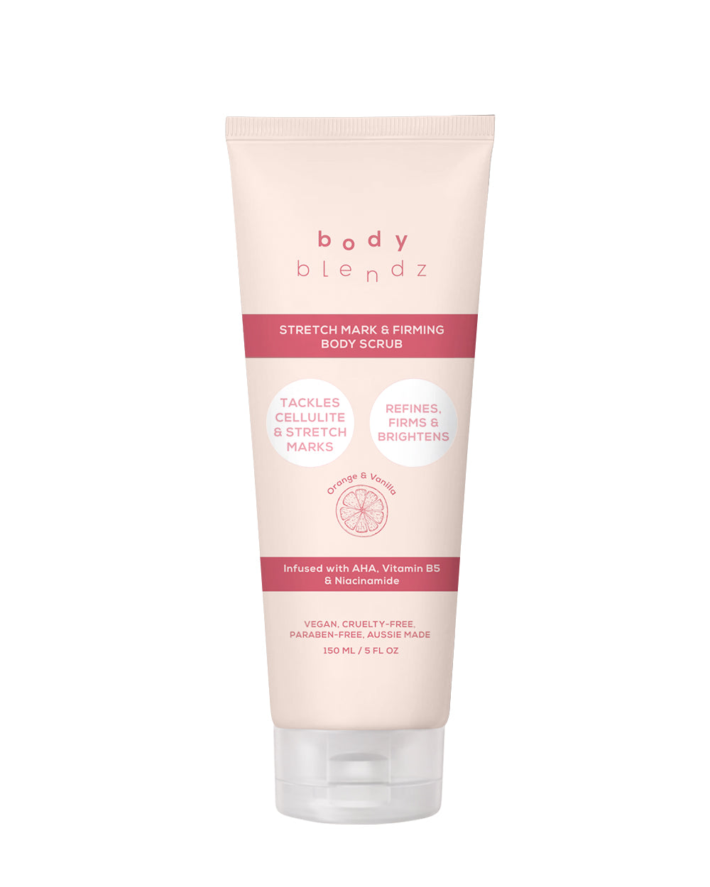 BodyBlendz Stretch Mark & Firming Body Scrub 150ml in Orange & Vanilla, exfoliating body scrub with AHA, Niacinamide and Vitamin B5 to help reduce the appearance of stretch marks and cellulite while smoothing and brightening skin.
