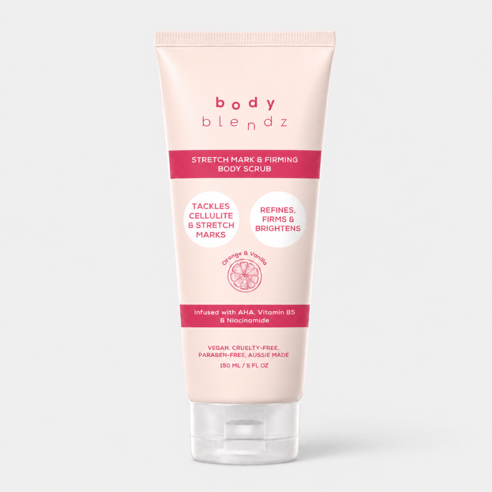 BodyBlendz Stretch Mark & Firming Body Scrub 150ml in Orange & Vanilla, exfoliating body scrub with AHA, Niacinamide and Vitamin B5 to help reduce the appearance of cellulite and stretch marks while brightening and smoothing skin.