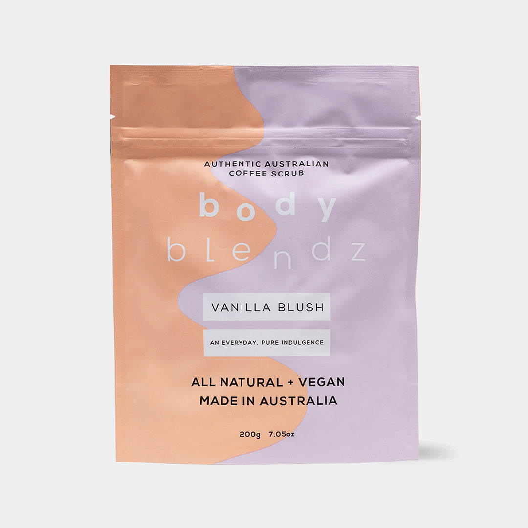 BodyBlendz vanilla blush coffee scrub, natural vegan exfoliating body scrub for smoother softer glowing skin with vanilla scent
