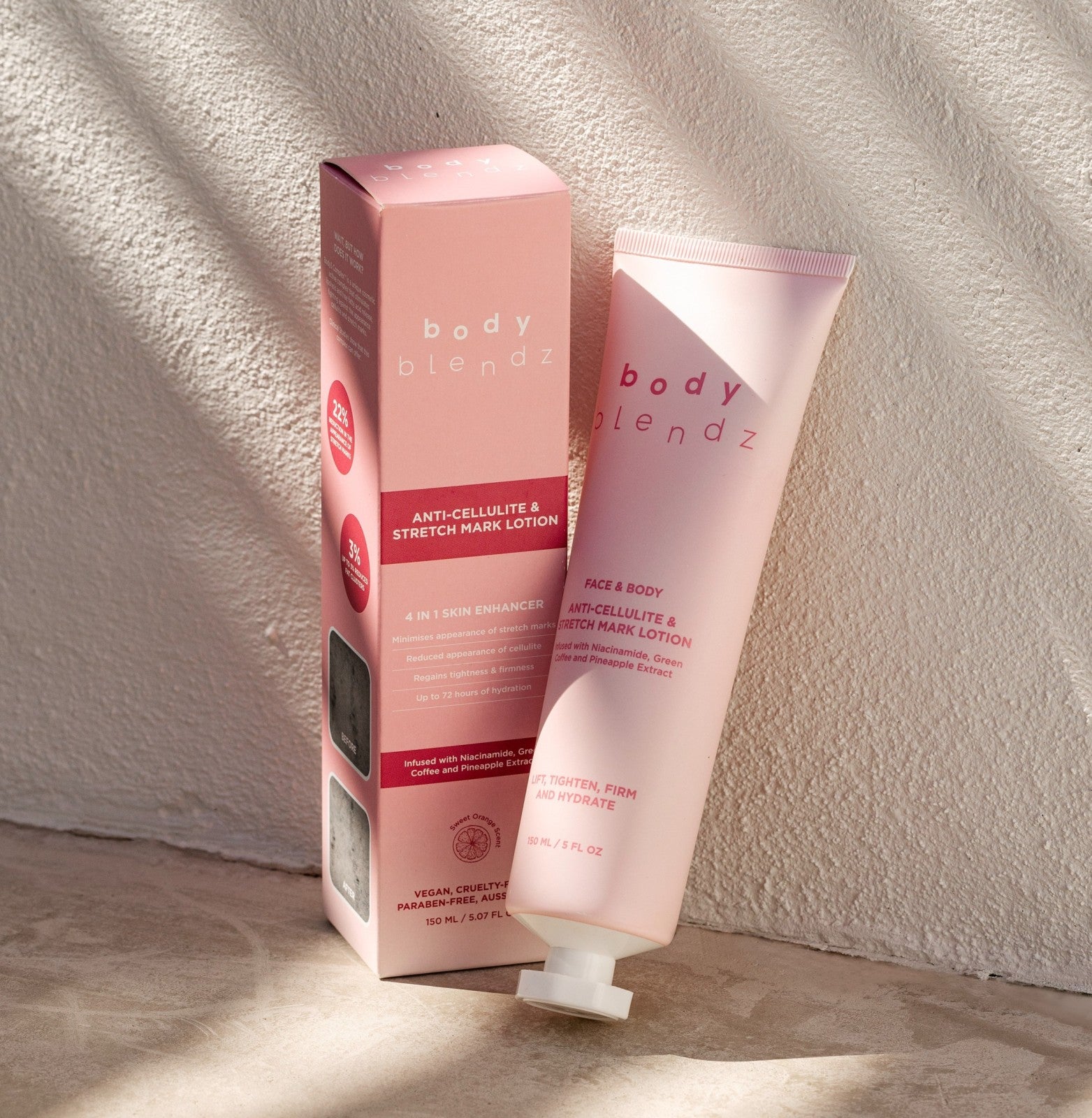BodyBlendz Face & Body Lotion for cellulite reduction and skin hydration, in signature packaging.