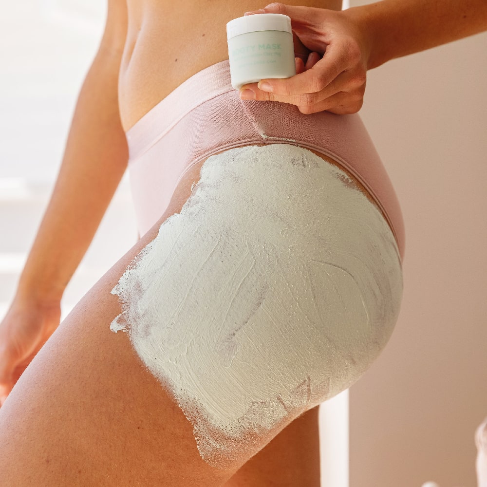 BodyBlendz Booty Mask with Australian clay applied to skin showing firming detox body treatment for smoothing and tightening appearance