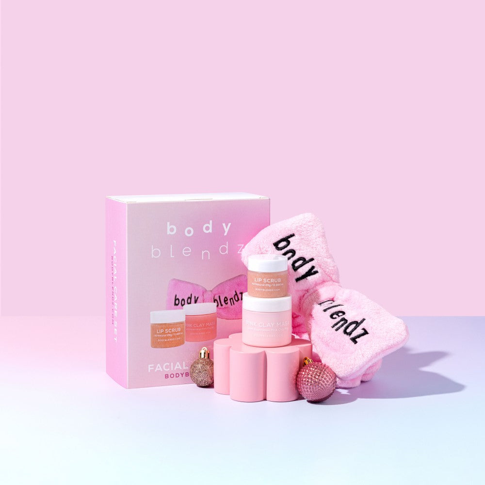BodyBlendz Facial Care Set with lip scrub, Australian pink clay mask, and pink skincare headband styled with festive display for glowing skin self-care routine
