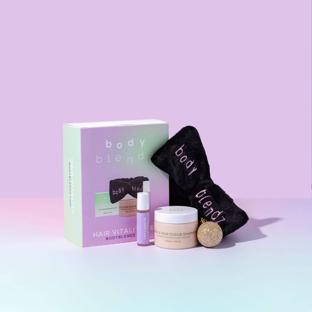 BodyBlendz Hair Vitality Set with scalp and hair scrub shampoo, lash and brow growth serum and soft headband for stronger healthier hair