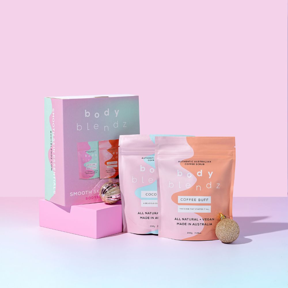 BodyBlendz Smooth Skin Essentials set with Coco Luxe and Coffee Buff coffee scrubs, exfoliating body care kit for smooth radiant skin