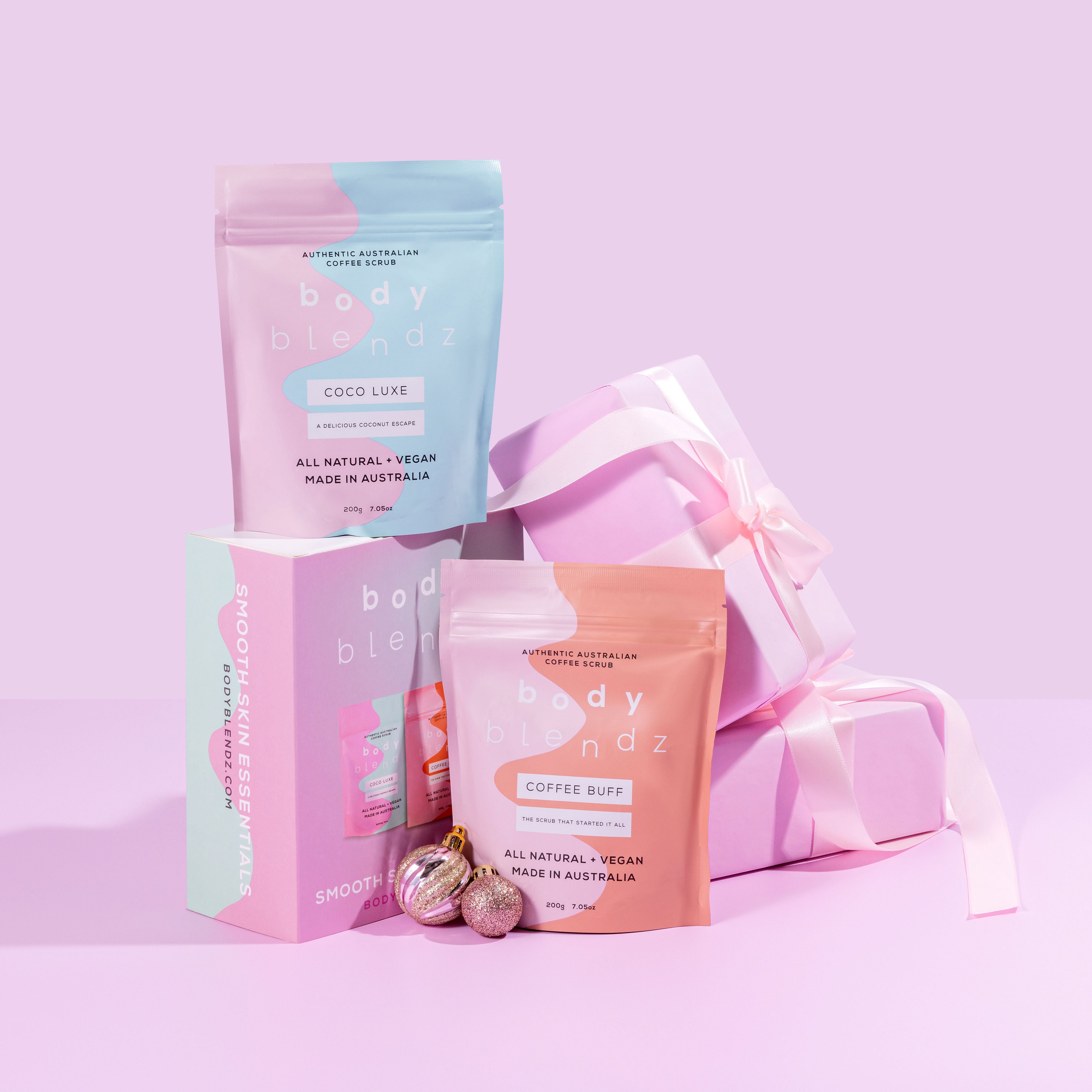 BodyBlendz Smooth Skin Essentials gift set with Coco Luxe and Coffee Buff coffee scrubs, exfoliating body care kit with festive packaging for smooth glowing skin